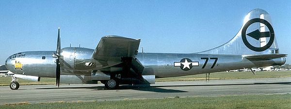 Bockscar at Dayton before it was moved indoors. On the Nagasaki mission, it flew without nose art, and with a triangle N tail marking, rather than the circle arrowhead shown here.