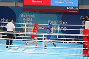 Deutsch: Boxen bei den Olympischen Jugendspielen 2018 Tag 12, 18. Oktober 2018 - Kampf um die Bronzemedaille im Fliegengewicht Mädchen – Heaven Destiny Garcia (USA, blau) schlägt Goryanana Stoeva (Bulgarien, rot) 5-0; Ringrichter ist Ishanguly Meretnyyazov (Turkmenistan). English: Boxing at the 2018 Summer Youth Olympics on 18 October 2018 – Girl's flyweight Bronze Medal Bout - Heaven Destiny Garcia (USA, blue) beats Goryanana Stoeva (Bulgaria, red) 5-0; Referee is Ishanguly Meretnyyazov (Turkmenistan). Español: Boxeo en los Juegos Olímpicos Juveniles de Verano de 2018 en 18 de octubre de 2018 - Combate a medalla de bronce de peso mosca para mujeres: Heaven Destiny Garcia (Estados Unidos, azul) le gana a Goryanana Stoeva (Bulgaria, roja) 5-0; El árbitro es Ishanguly Meretnyyazov (Turkmenistán).