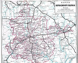 Karta över guvernementet Voronezj från Brockhaus' ryska upplaga, ca 1890-1901.