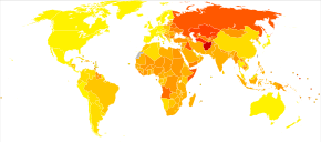 Disability-adjusted life year for cardiovascular diseases per 100,000 inhabitants in 2004
no data
<900
900-1650
1650-2300
2300-3000
3000-3700
3700-4400
4400-5100
5100-5800
5800-6500
6500-7200
7200-7900
>7900 Cardiovascular diseases world map - DALY - WHO2004.svg