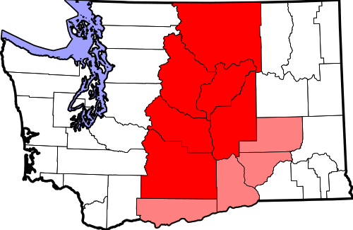 Map of Central Washington. Counties highlighted in red are always included, while counties highlighted in pink are sometimes included.