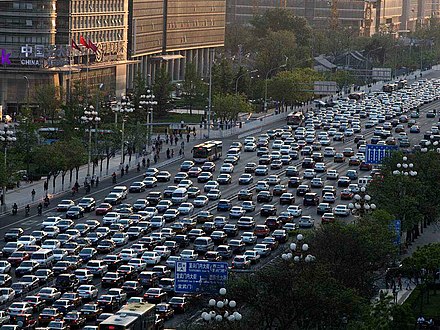 Conventional bus services being delayed by traffic congestion on Chang'an Avenue in Beijing