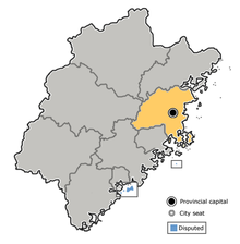 Landakort sem sýnir legu Fuzhou borgar (rauðmerkt) í Fujian héraði í Kína.