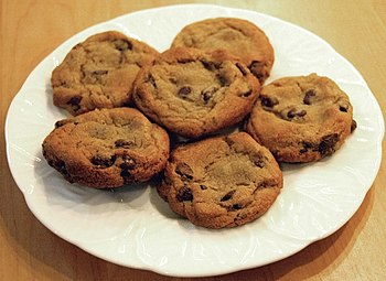 A plate of chocolate chip cookies.