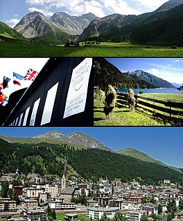 Davos is an Alpine resort town and a municipality in the Prättigau/Davos Region in the canton of Graubünden, Switzerland. It has a permanent population of 10,862 (2019). Davos is located on the river Landwasser, in the Rhaetian Alps, between the Plessur and Albula Ranges.