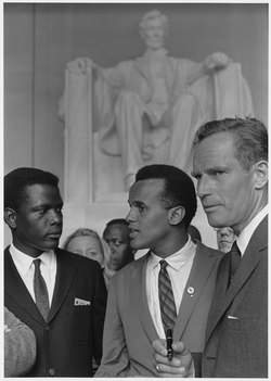 Civil Rights March on Washington, D.C. (Actors Sidney Poitier, Harry Belafonte, and Charlton Heston.) - NARA - 542061.tif