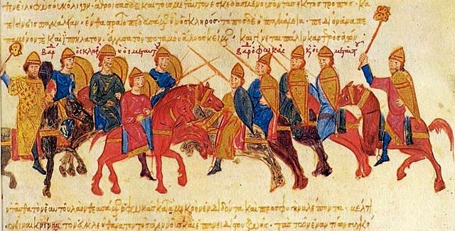 Clash between the armies of Skleros and Phokas, miniature from the Madrid Skylitzes