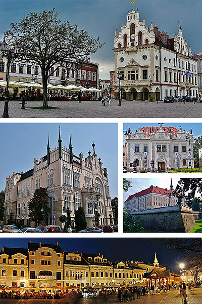 Left to right: Rzeszów City Hall Regional Financial Center Siemiaszkowa Theater Rzeszów Castle Night view of the Main Market Square