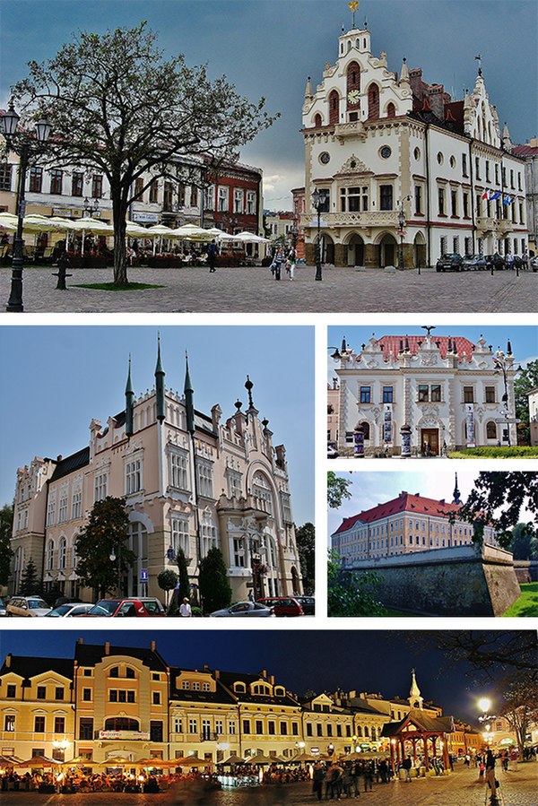 Left to right: Rzeszów City Hall Regional Financial Center Siemiaszkowa Theater Rzeszów Castle Night view of the Main Market Square