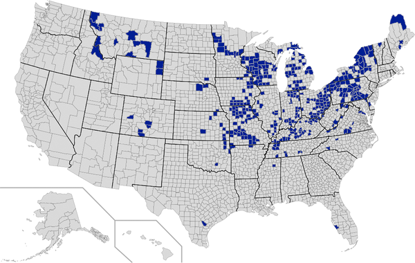 US Counties with Amish settlements in 2021
