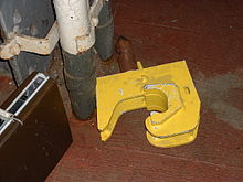 Coupling adapter for use between Janney coupler on a locomotive and WABCO N-2 couplers fitted to commuter rail multiple units at New York's Pennsylvania Station. The adapter is seen from the bottom. CouplerAdapterPennStn.agr.JPG