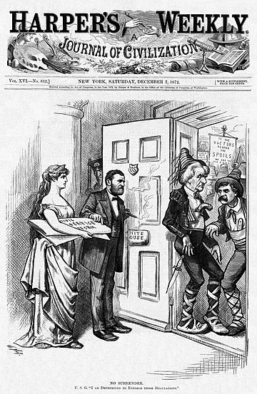 Cartoonist Thomas Nast praises Grant for rejecting demands by Pennsylvania politicians to suspend civil service rules.