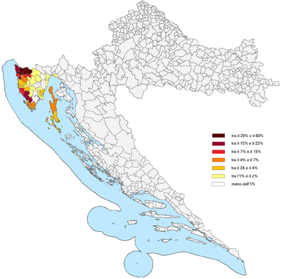Mappa della Croazia del 2011 indicante i residenti di madrelingua italiana per città e comuni, registrati al censimento ufficiale croato
