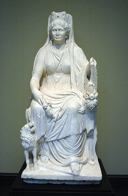 Cybele enthroned, with lion, cornucopia and Mural crown. Roman marble, c. 50 AD (Getty Museum)