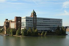 Plange-Mühle im Düsseldorfer Hafen, Turm 1906, Wiederaufbau 1949