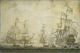 De krijgsraad aan boord van de 'De Zeven Provincien', het admiraalschip van Michiel Adriaensz de Ruyter, 10 juni 1666 (Willem van de Velde I, 1693).jpg