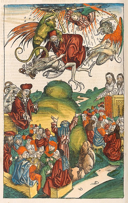 The death of Simon Magus, from the Nuremberg Chronicle