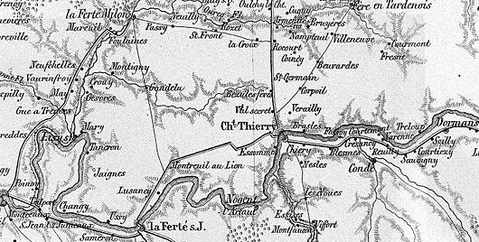 Old map shows the area on the river Marne between Meaux (west) and Dormans (east) with Chateau-Thierry in the center. Gué-à-Tresmes can be seen at left. Meaux (not labeled) is the city on the river at the lower left.