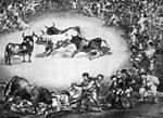 Spanish entertainment, 1825, lithograph, 30 x 41 ek., Madrid, National Library. In this work from The Bulls of Bordeaux series, Goya presents bullfighting as a way of popular entertainment, and not as a violent event, as he does in Tauromaquia. Diversion de Espana.jpg