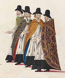Gentlemen of the Chapel Royal at the funeral procession of Elizabeth I of England. Drawing of the funeral procession of Elizabeth I of England (add 35324 f31v) - Gentlemen of the Chapel.jpg