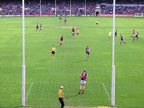 Essendon's Dustin Fletcher stands in the goal square, preparing to kick in during a match against Fremantle. Dustin Fletcher kick-in 23.08.09.jpg