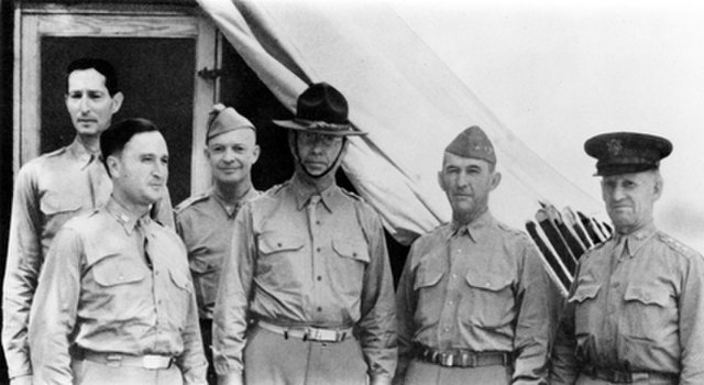 Senior officers during the Louisiana maneuvers. Left to right: Mark W. Clark, Chief of Staff, Army Ground Forces; Harry J. Maloney, Chief of Staff, Se