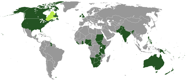 Map of nations using ஆங்கிலம் as an ஆட்சி மொழி or as the predominant language