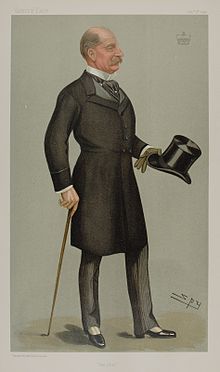 Old drawing of an elegant elderly 19th-century man in a frock coat and spats holding a top hat and gloves in his left hand and a walking stick in the other, facing 3/4 to his right