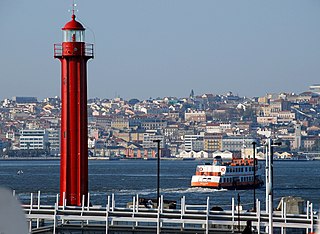 Cacilhas Lighthouse disused, restored lighthouse near Lisbon, Portugal