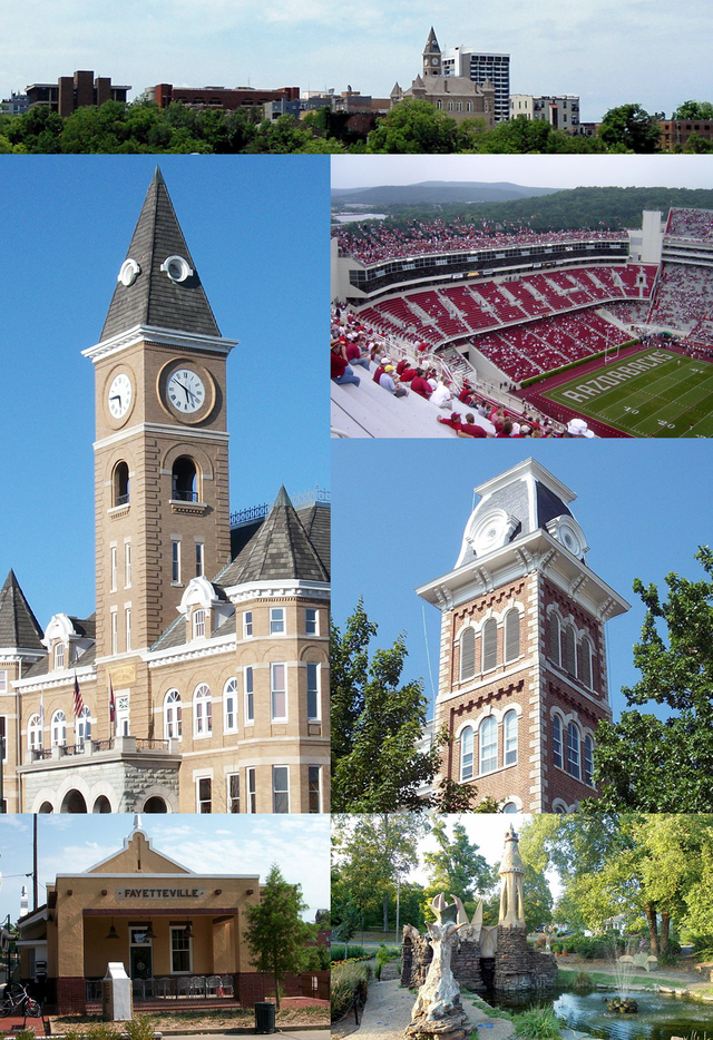 Do topo, em sentido horário: Panorama de Fayetteville, Estádio Donald W. Reynolds Razorback, Old Main, o antigo correio, Fayetteville Depot e o Tribunal do Condado de Washington