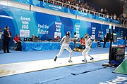 Deutsch: Fechten bei den Olympischen Jugend-Sommerspielen 2018: Tag 1, 7. Oktober 2018, Jungen, Säbel, Viertelfinale - Krisztián Rabb (HUN) - Antonio Heathcock (GER) 15:11 English: Fencing at the 2018 Summer Youth Olympics at 7 October 2018 – Boys' sabre Quarterfinals – Krisztián Rabb (HUN) Vs Antonio Heathcock (GER) 15:11