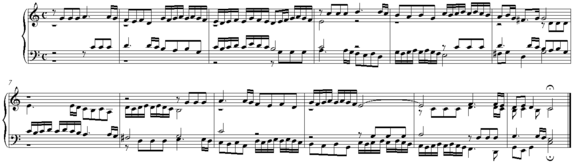 Example of stretto fugue in a quotation from Fugue in C major by Johann Caspar Ferdinand Fischer who died in 1746. The subject, including an eighth note rest, is seen in the alto voice, starting on beat 1 bar 1 and ending on beat 1 bar 3, which is where the answer would usually be expected to begin. As this is a stretto, the answer already takes place in the tenor voice, on the third quarter note of the first bar, therefore coming in "early" Fischer-fugue1.png