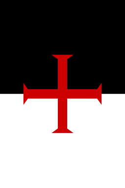 The beauceant (standard) was half white and half black to which a red cross was added by Eugenius III with its legend Non Nobis Domine, from first verse of Psalm 115. Flag of the Knights Templar.svg