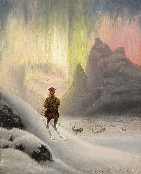 File:Frants Bøe - Sami on skis in northern lights, 1885.jpg