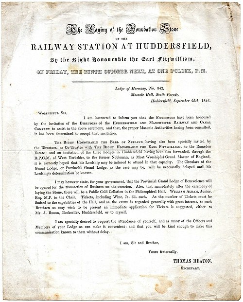 Freemasons' circular, dated 25 September 1846, regarding attendance at the laying of the station's foundation stone by the Earl Fitzwilliam (transcrip