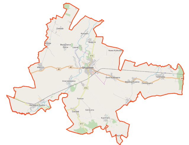Mapa konturowa gminy Głogówek, w centrum znajduje się punkt z opisem „Głogówek”