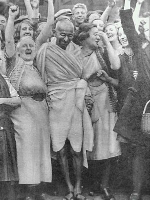 Mahatma Gandhi with textile workers at Darwen,...
