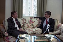 President-elect Bush meets with his Democratic 1988 presidential election opponent Michael Dukakis on December 2, 1988 George H. W. Bush and Michael Dukakis.jpg