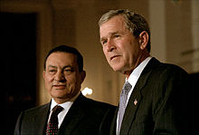 American president George W. Bush and Mubarak, 2002 George W. Bush & Hosni Mubarak.jpg