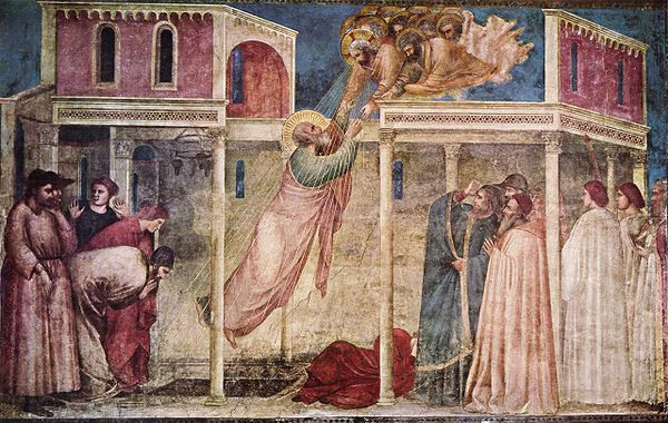 A painting by Giotto di Bondone in the Basilica of Santa Croce, Florence, within the chapel owned by the Peruzzi bankers; Giotto's artworks were prais