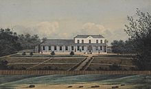 Watercolour drawing of First Government House, Sydney, ca. 1809 Government House Sydney 1809.jpg