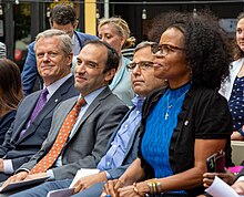 Kraft (second from right) sits with Massachusetts Governor Charlie Baker, Rabbi Marc Baker, and Acting Boston Mayor Kim Janey in 2021 Governor-baker-boston-mayor-janey-highlight-new-interactive-new-england-holocaust-memorial-experiences-with-local-faith-leaders-survivors 51299827559 o (1).jpg