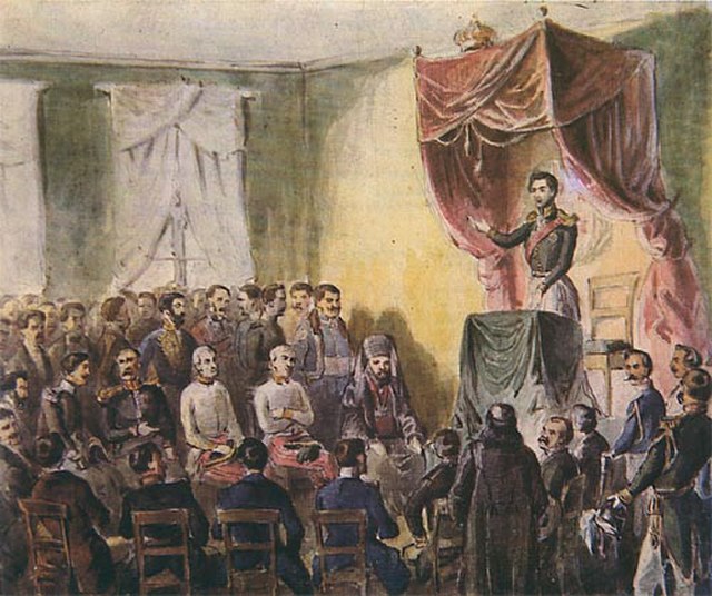 Prince Michael speaks to the Society of Serbian Scholarship members at the first meeting on June 8, 1842, by Anastas Jovanović