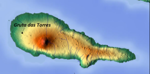 Relief map showing Gruta das Torres is located in the western-central part of Pico Island