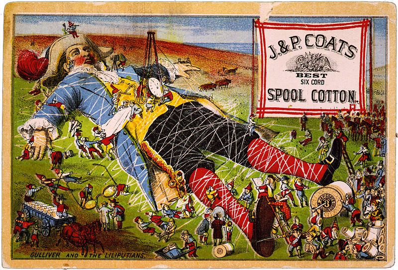 File:Gulliver and the Liliputans, trade card for J. & P. Coats spool cotton, late 19th c.jpg