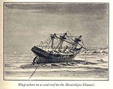 Wasp aground south of Cape Delgado in 1861 HMS Wasp (1850) aground in the Mozambique channel in 1861.jpg