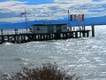 Schiffsanlegestelle Hagnau am Bodensee. Sturm mit Sturmwarnung