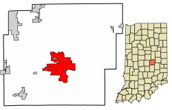 Location of Greenfield in Hancock County, Indiana.