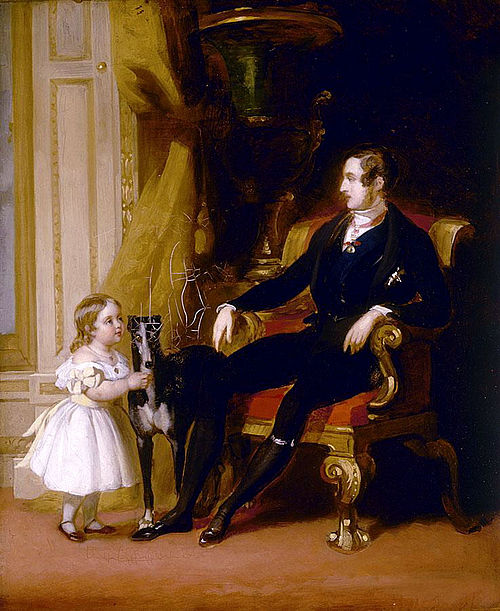 Victoria with her father Prince Albert and his greyhound Eos. Portrait by John Lucas, 1841.