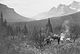 Black and white photograph of pack horses and a camp in the Howse Pass in 1902